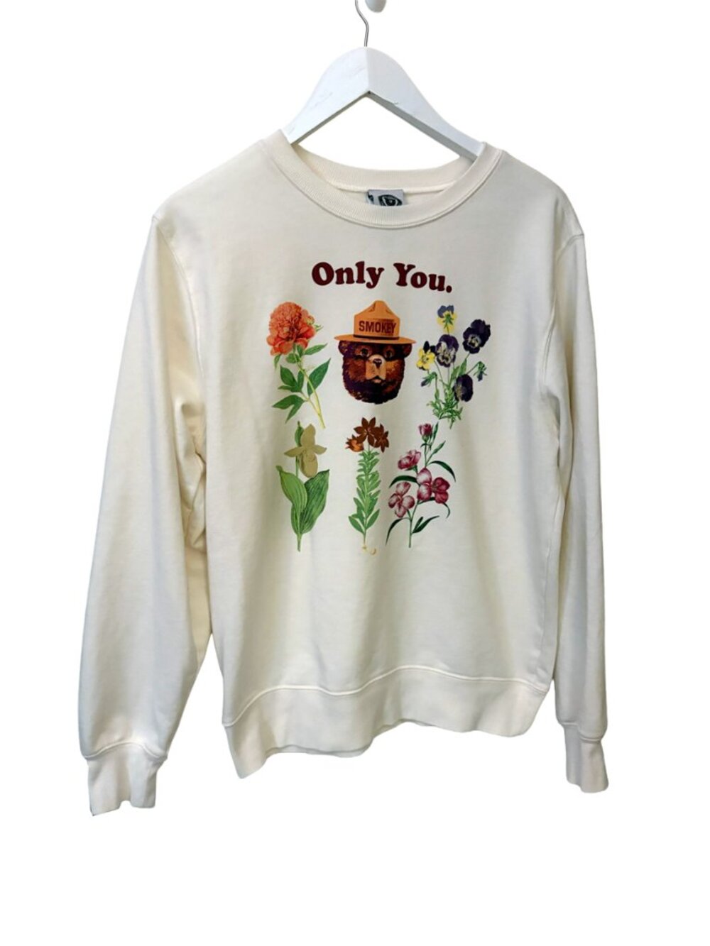 Smokey Bear Only You Floral Graphic Cream Crewneck Sweatshirt Nature XL